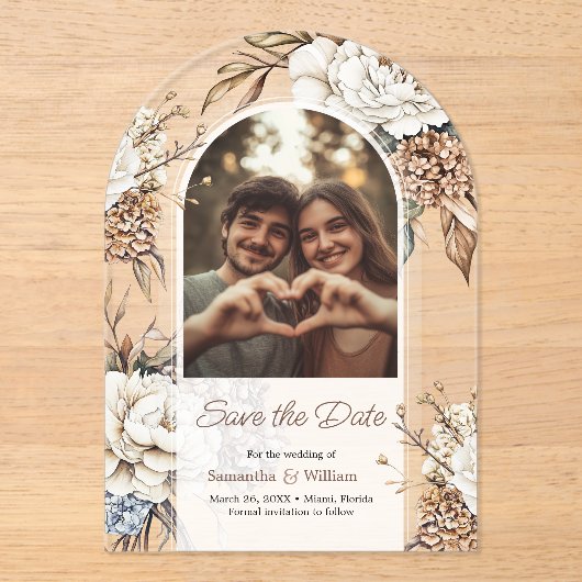 Moderne pioen & hortensia bruiloft Save the date Acryl Uitnodigingen (Voorkant)