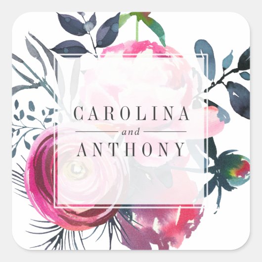 Moderne  Pioen Waterverf Bloemen Vierkante Sticker (Voorkant)