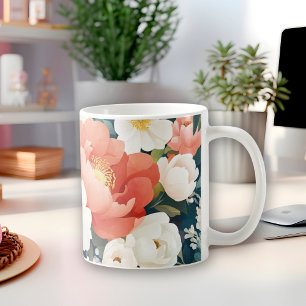 Moderne pioenen Bloemen Warm sinaasappel en witte Koffiemok