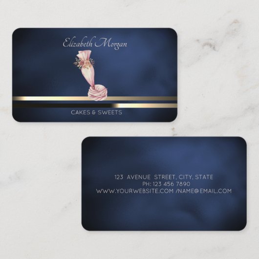 Moderne Piping Bag Bloemen Bakkerij Donkerblauw Visitekaartje (Voorkant / Achterkant)