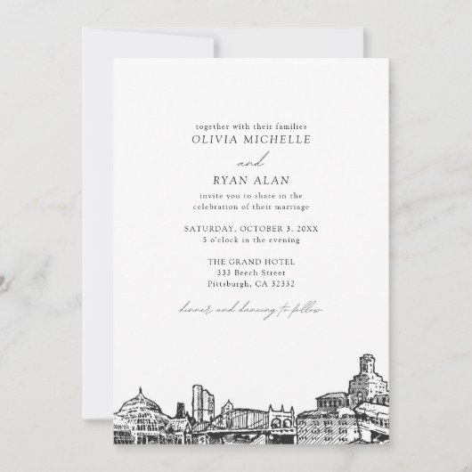 Moderne Pittsburgh Skyline Zwart & Wit Bruiloft Kaart (Voorkant)