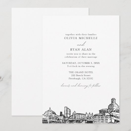 Moderne Pittsburgh Skyline Zwart & Wit Bruiloft Kaart (Voorkant / Achterkant)