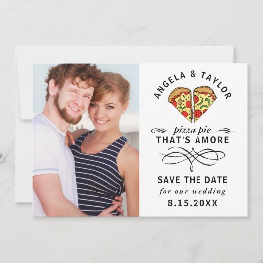 Moderne Pizza Amore Zwart Typografie Fotobruiloft Save The Date (Voorkant)