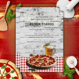 Moderne Pizza + Bier Bakstenen Baby Shower Uitnodi Kaart
