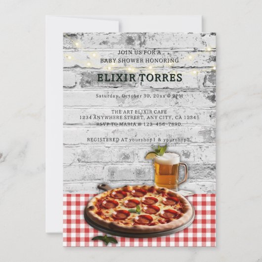 Moderne Pizza + Bier Bakstenen Baby Shower Uitnodi Kaart (Voorkant)