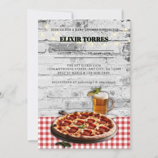 Moderne Pizza +Bier Bakstenen Baby Shower Uitnodig Kaart (Voorkant)