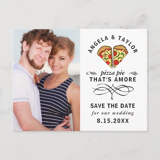 Moderne Pizza Love Black Script Foto Bewaar de dat Briefkaart (Voorkant)