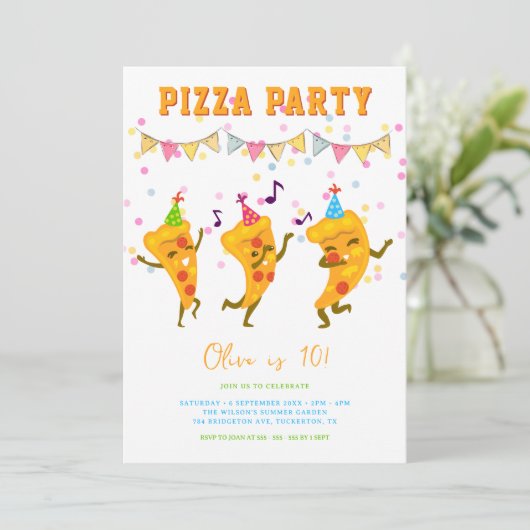 Moderne Pizza Party Leuke Eenvoudige Kinderen Verj Kaart (Staand voorkant)