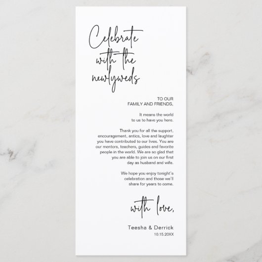 Moderne plaatsing van het bruilofts diner bedankka programmakaart (Voorkant)