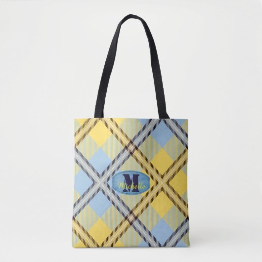 Moderne Plaid Tartan Broek Monogram Script Naam Tote Bag (Voorkant)