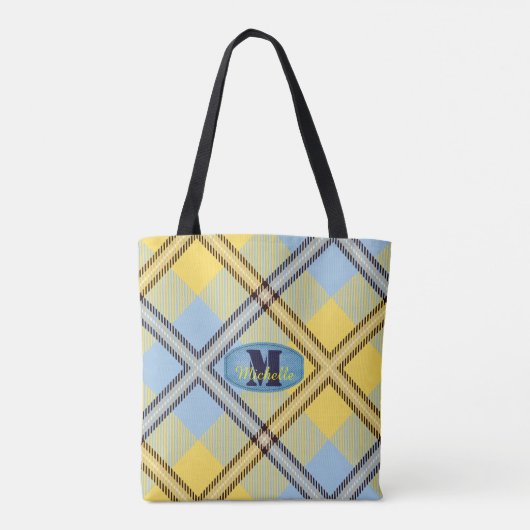 Moderne Plaid Tartan Broek Monogram Script Naam Tote Bag (Achterkant)