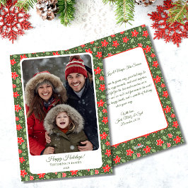 Moderne plat kerstkaart met rode en groene bloemen