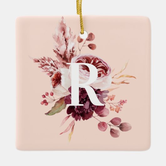 Moderne platte roze en rode Florenz met Initiaal Keramisch Ornament (Voorkant)