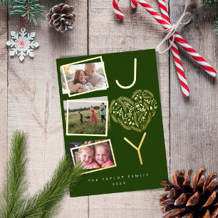 Moderne Plezier Drie Foto Groene Vreugde Kerstmis Folie Feestdagenkaart
