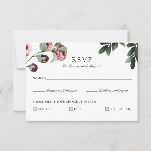 Moderne Plum Floral RSVP-kaart met maaltijdkeuze RSVP Kaartje (Voorkant)