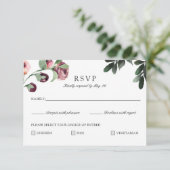 Moderne Plum Floral RSVP-kaart met maaltijdkeuze RSVP Kaartje (Staand voorkant)
