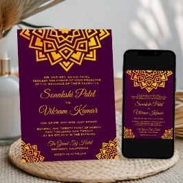 Moderne Plum Gold Mandala Indiase Trouw Uitnodigin Kaart