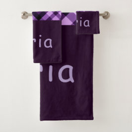 Moderne Plum Paarse Plaid Monogram Badhanddoek Set Bad Handdoek