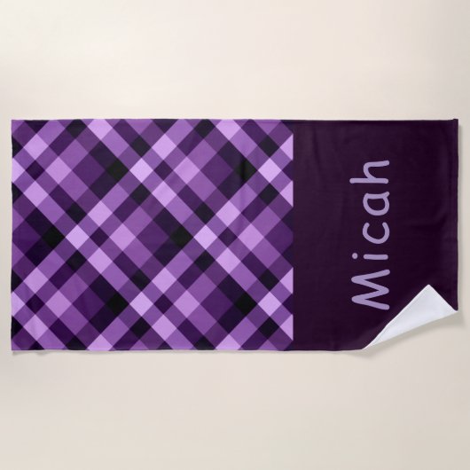 Moderne Plum Paarse Plaid Monogram Strandlaken (Voorkant)