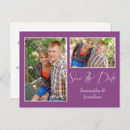 Moderne Plum Photo Collage Sla de datum op Aankondigingskaart (Voorkant / Achterkant)