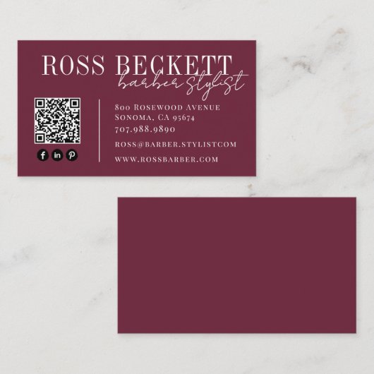 Moderne Plum QR Code Kapper Stylist Visitekaartje (Voorkant / Achterkant)