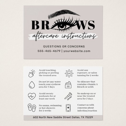 Moderne PMU Brow Instructions Card voor Brows Afte Visitekaartje (Voorkant /achterkant)