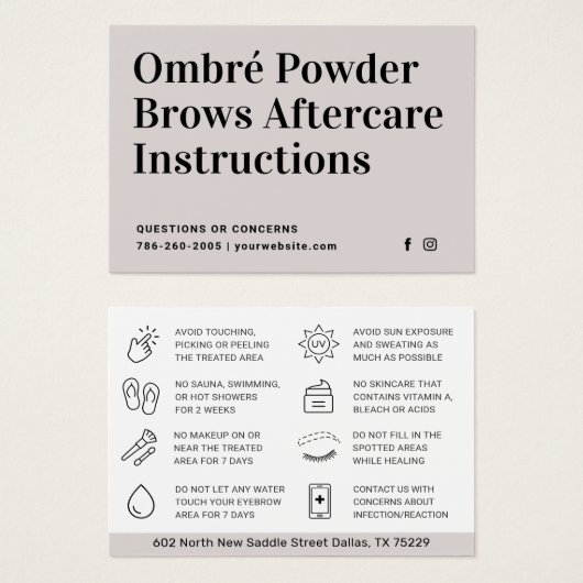 Moderne PMU Brow Instructions Card voor Brows Afte Visitekaartje (Voorkant /achterkant)