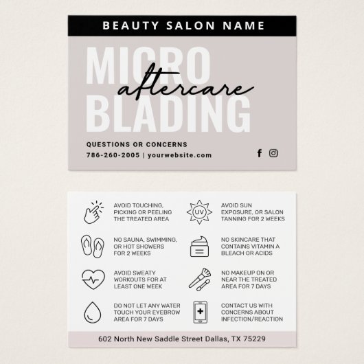 Moderne PMU Brow Instructions Card voor Brows Afte Visitekaartje (Voorkant /achterkant)
