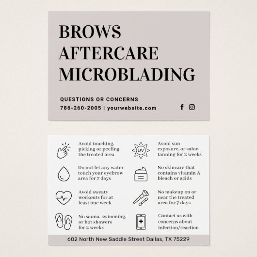 Moderne PMU Brow Instructions Card voor Brows Afte Visitekaartje (Voorkant /achterkant)