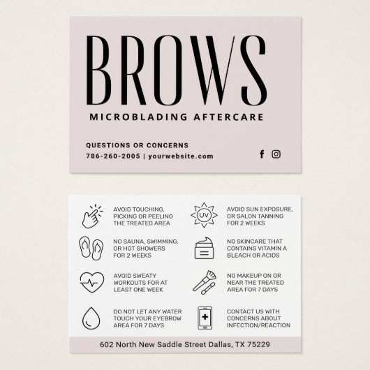 Moderne PMU Brow Instructions Card voor Brows Afte Visitekaartje (Voorkant /achterkant)