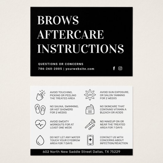 Moderne PMU Brow Instructions Card voor Brows Afte Visitekaartje (Voorkant /achterkant)