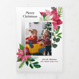 Moderne Poinsettia, Holly & Pine Foto Drieluik Kaart