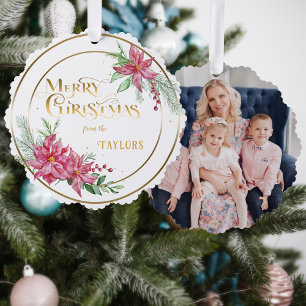 Moderne Poinsettia krans met kalligrafie Foto Ornament Kaart