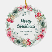 Moderne Poinsettia Rode Groene Krans Kerstgedicht Keramisch Ornament (Voorkant)