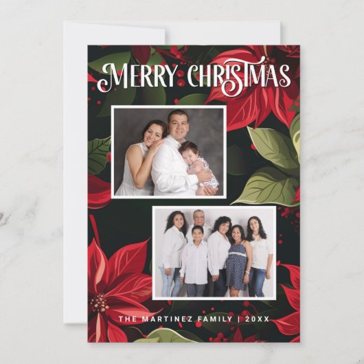 Moderne Poinsettia Vrolijke Kerstfoto Feestdagenkaart (Voorkant)