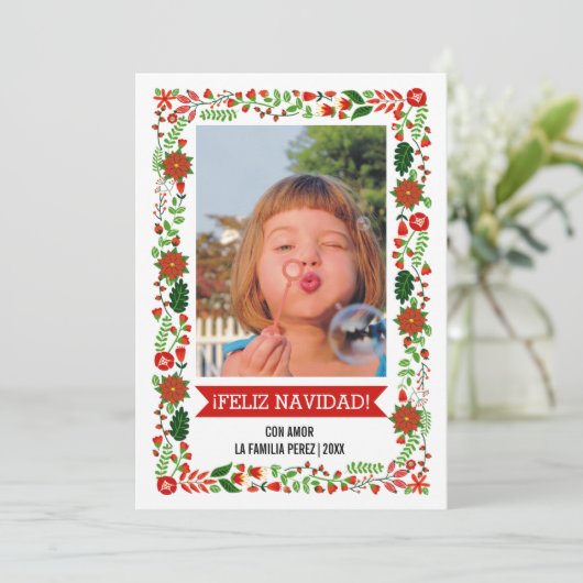 Moderne poinsettias rood, groene FELIZ NAVIDAD fot Feestdagenkaart (Staand voorkant)