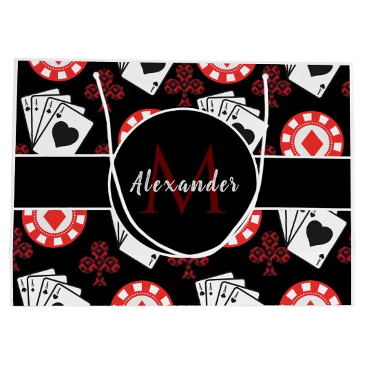 Moderne poker Theme Pattern Player Monogram & Naam Groot Cadeauzakje (Achterkant)