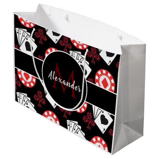 Moderne poker Theme Pattern Player Monogram & Naam Groot Cadeauzakje (Achterkant Gekanteld)