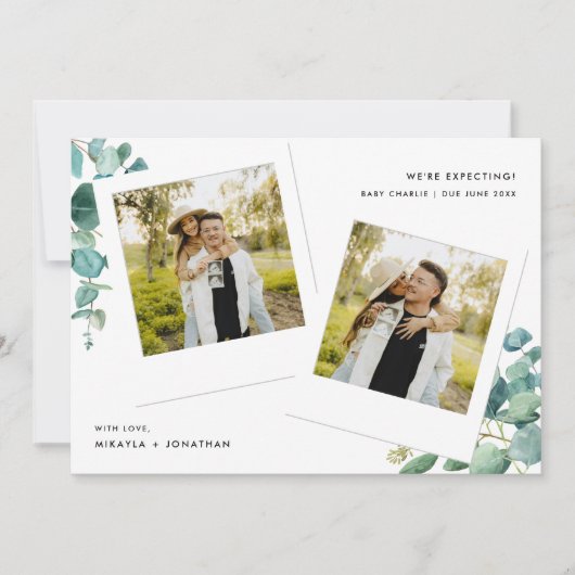 Moderne Polaroid Foto Waterverf Floral Zwangerscha Aankondiging (Voorkant)