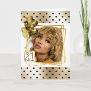 Moderne polka dot black gold 21st ballonnen kaart