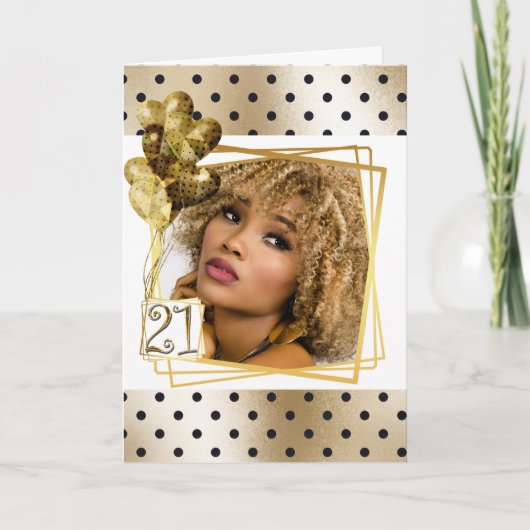 Moderne polka dot zwart goud 21e ballonnen kaart (Voorkant)