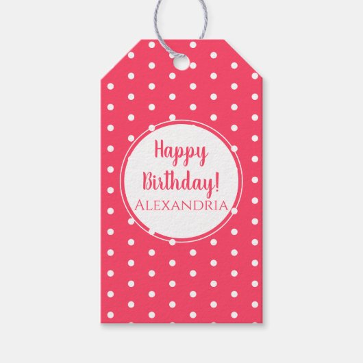 Moderne Polka Dots Happy Birthday Cadeaulabel (Voorkant)