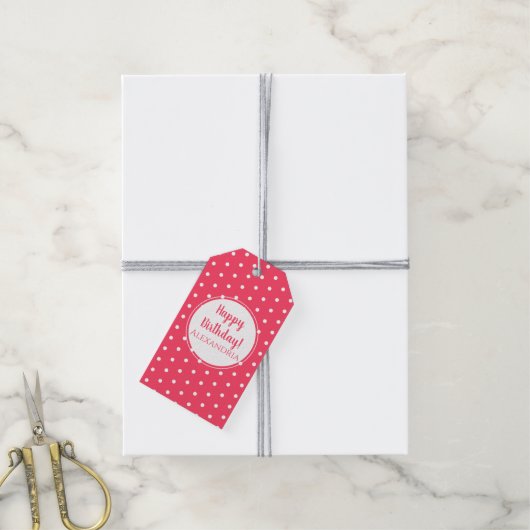 Moderne Polka Dots Happy Birthday Cadeaulabel (Met Touw)