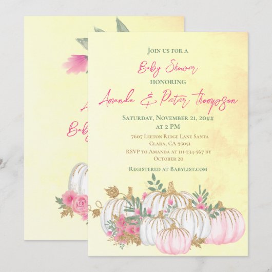 Moderne pompoen Blush Pink Gold Yellow Baby shower Kaart (Voorkant / Achterkant)