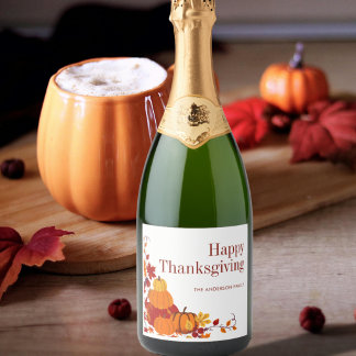 Moderne Pompoen Herfstbladeren Fijne Thanksgiving Sparkling Wijnetiket