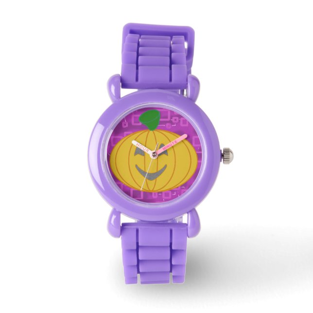 Moderne Pompoen op Paarse Geometrische Horloge (Voorkant)