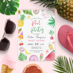 Moderne Pool Party Summer Sweet 16 Birthday Kaart<br><div class="desc">Een moderne en schitterende pootweddenfeest met de naam 'sixteen',  met leuke en kleurrijke waterverf-elementen zoals tropische bladeren,  kokosnoten,  zonnebrillen,  ananassen,  paprika's,  kruipen,  camera's,  bloemen,  avocado's,  watermeloenen,  donut,  kersen en cocktail-drink. Het heeft een kleurrijk en speels waterverf zomerpatroon aan de achterkant.</div>