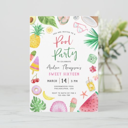 Moderne Pool Party Summer Sweet 16 Birthday Kaart (Staand voorkant)
