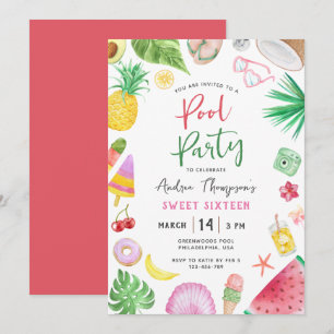Moderne Pool Party Summer Sweet Zestien Birthday Kaart