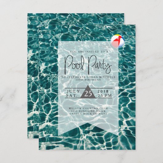 Moderne Pool Party | Uitnodiging voor verjaardag (Voorkant / Achterkant)